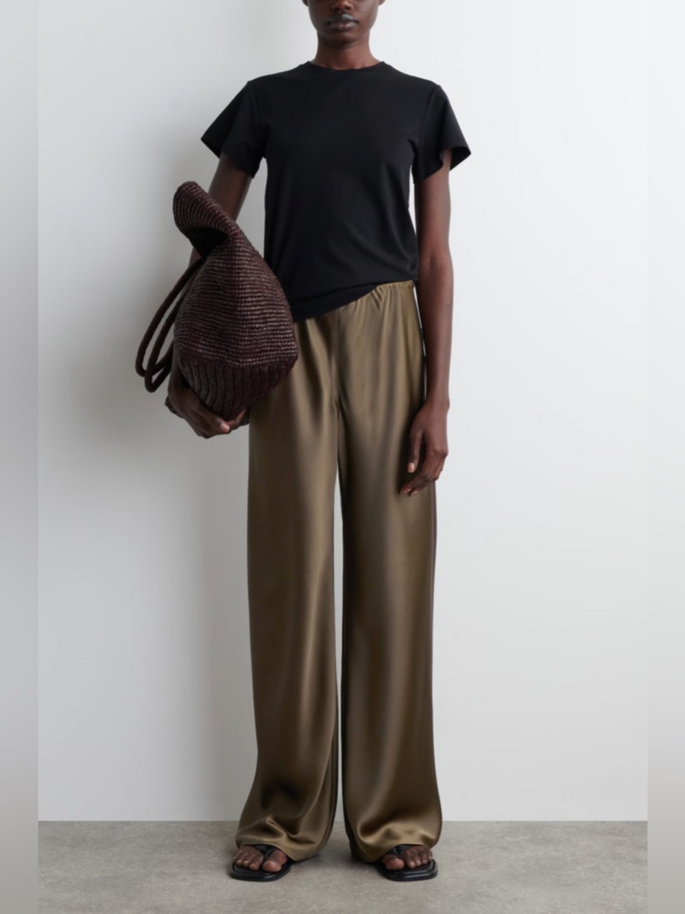 COS Satin Wide-Leg Pants, Elasticated Waistband, Olive-Brown Tone US M